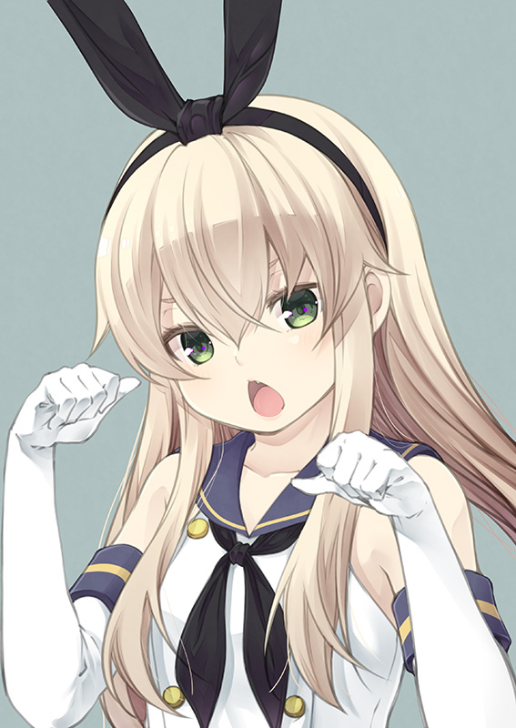 1girl black_neckwear blonde_hair blue_sailor_collar blush collarbone elbow_gloves gloves green_eyes grey_background hair_between_eyes kantai_collection kouji_(campus_life) long_hair neckerchief open_mouth sailor_collar school_uniform serafuku shimakaze_(kantai_collection) simple_background sleeveless solo upper_body white_gloves