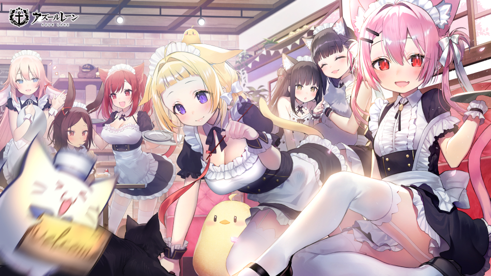 6+girls :d ahoge alternate_costume animal_ear_fluff animal_ears apron ariake_(azur_lane) asagi_yuna azur_lane bangs bare_shoulders bird black_cat black_dress black_footwear black_hair black_skirt blonde_hair blue_eyes blunt_bangs blush bow breasts brown_eyes brown_hair bunny_ears cat cat_ears cat_girl cat_tail chick cleavage cleavage_cutout clothing_cutout commentary_request cowboy_shot dark_skin detached_collar dress ear_ribbon ears_down enmaided extra_ears eyebrows_visible_through_hair fang frilled_apron frilled_cuffs frilled_dress frilled_hairband frilled_skirt frills hair_between_eyes hair_bow hair_intakes hair_ornament hair_ribbon hairband hatsuharu_(azur_lane) hatsushimo_(azur_lane) holding holding_tray i-19_(azur_lane) i-25_(azur_lane) i-26_(azur_lane) indoors large_breasts leaning_forward long_hair looking_at_another looking_at_viewer maid maid_apron maid_cafe maid_dress maid_headdress manjuu_(azur_lane) medium_hair meowfficer_(azur_lane) motion_blur multiple_girls notice_lines open_mouth pink_hair pink_tail plate puffy_short_sleeves puffy_sleeves purple_eyes red_eyes red_hair red_ribbon ribbon short_hair short_sleeves sidelocks sitting skirt small_breasts smile standing strapless strapless_dress tail thighhighs tray twintails two_side_up very_long_hair white_bow white_legwear wrist_cuffs yellow_eyes yellow_tail yuugure_(azur_lane) yuugure_(maid-in-training!)_(azur_lane) zettai_ryouiki