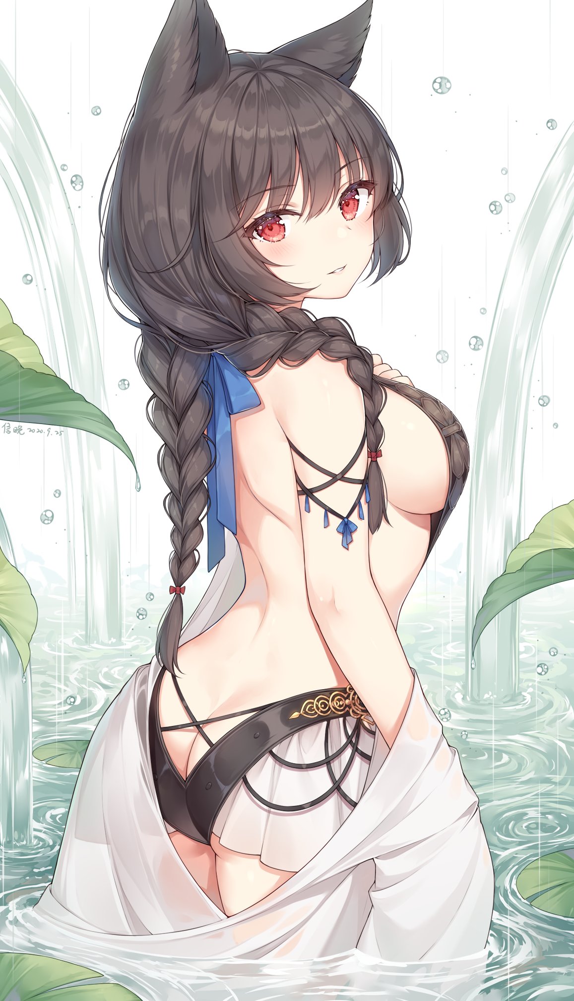 1girl animal_ears arched_back ass ayuanlv back backless_swimsuit bare_shoulders bikini black_bikini black_hair blue_ribbon braid erune from_side granblue_fantasy hair_ribbon highres leaf lily_pad long_hair looking_at_viewer looking_back nier_(granblue_fantasy) parted_lips red_eyes ribbon ripples shoulder_blades solo standing swimsuit towel twin_braids wading water waterfall white_background