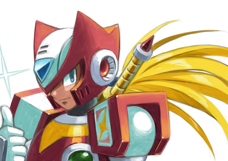 1boy android armor blonde_hair blue_eyes energy_sword gloves helmet hi-go! long_hair looking_at_viewer male_focus ponytail robot rockman rockman_x simple_background smile solo sword upper_body very_long_hair weapon white_background zero_(rockman)