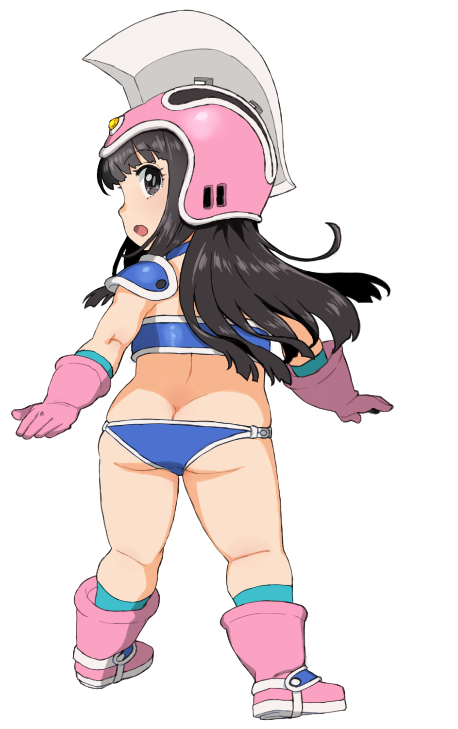 1girl armor ass bikini bikini_armor black_eyes black_hair blue_bikini boots butt_crack chi-chi_(dragon_ball) child dragon_ball dragon_ball_(classic) from_behind full_body gloves helmet highres kneepits long_hair looking_back murderhouse open_mouth pauldrons pink_footwear pink_gloves pink_headwear shoulder_armor simple_background solo swimsuit thighs wakaho_riku white_background