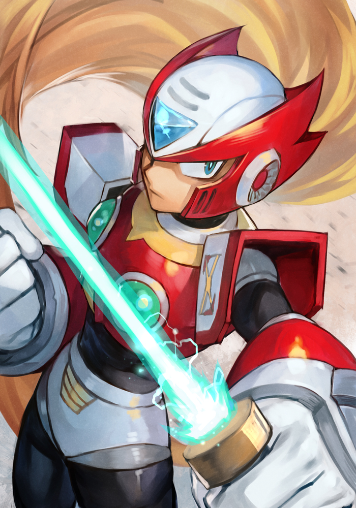 1boy android armor beam_saber blonde_hair blue_eyes clenched_hand energy energy_weapon forehead_jewel gem glowing hankuri helmet holding holding_sword holding_weapon long_hair looking_at_viewer male_focus red_armor rockman rockman_x serious shoulder_armor solo sword symbol very_long_hair weapon zero_(rockman)