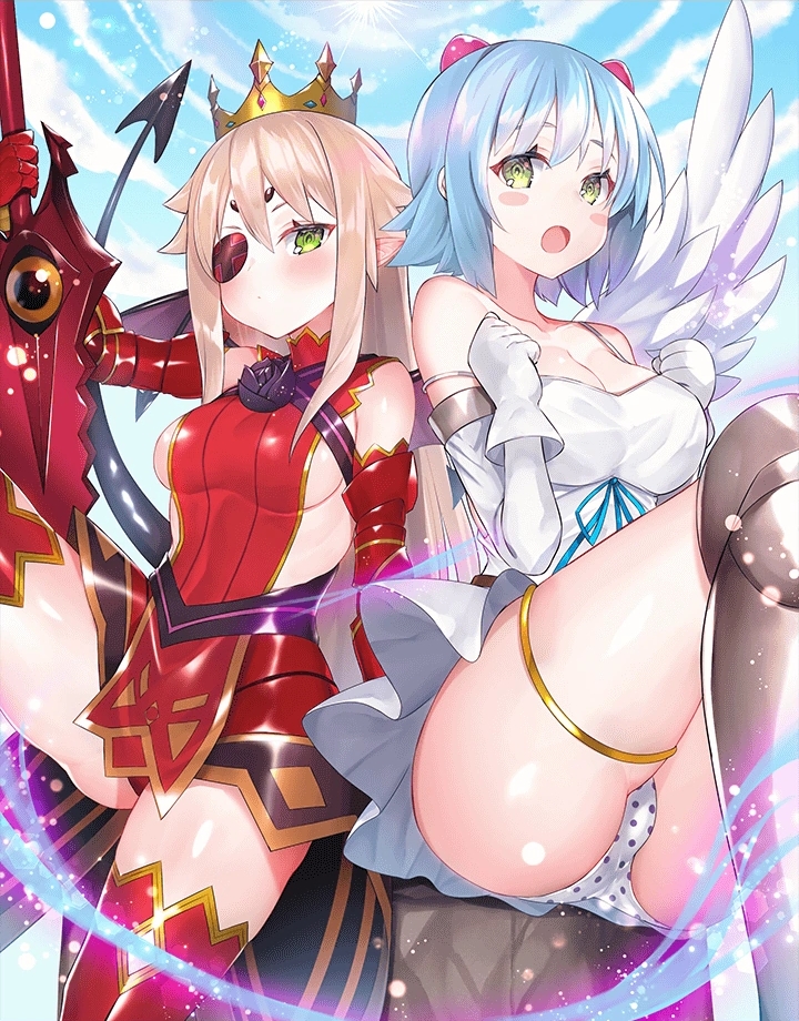 2girls aldra_(queen's_blade) angel_wings armor armored_dress ass asymmetrical_wings blue_hair blue_sky breasts chemise cloud cloudy_sky crotch_seam crown day demon_girl demon_tail demon_wings elbow_gloves eyepatch gauntlets gloves greaves green_eyes hair_bobbles hair_ornament large_breasts long_hair looking_at_viewer multiple_girls nanael open_mouth outdoors panties platinum_blonde_hair pointy_ears polka_dot polka_dot_panties queen's_blade queen's_blade_unlimited queen's_blade_white_triangle red_legwear shiny short_hair sidelocks sitting sky small_breasts solo sword tail thigh_strap thighhighs underwear very_long_hair weapon white_gloves white_panties white_wings wings