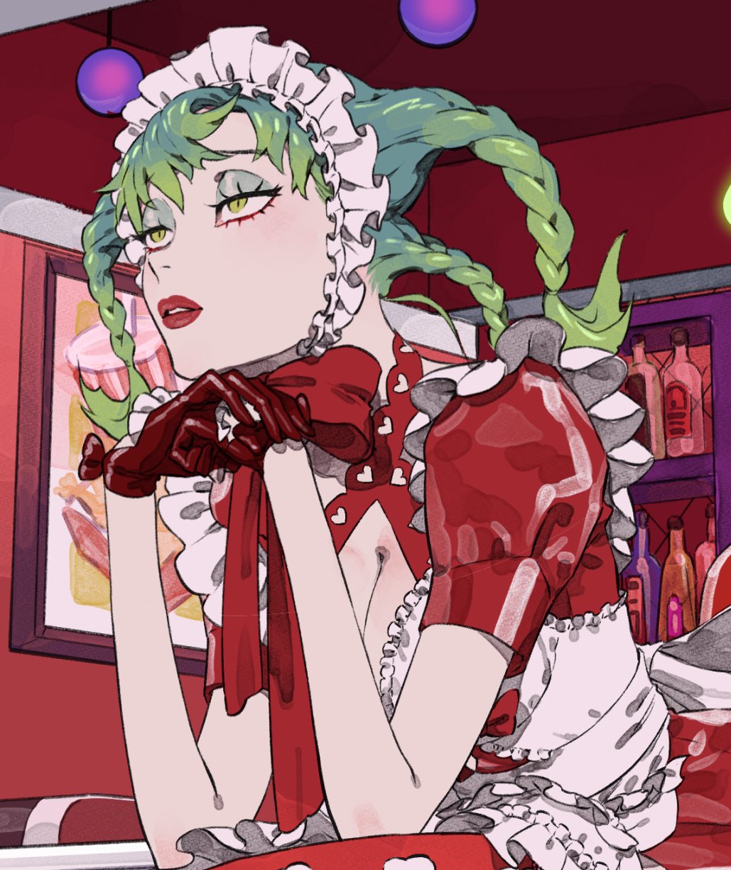 1girl aburage_(motimotigg20) alcohol bottle bow breasts cleavage cropped eyeshadow frame frills gloves green_eyes green_eyeshadow green_hair half-closed_eyes heart highres maid_headdress makeup making-of_available medium_hair original parted_lips puffy_sleeves red_bow red_gloves red_lips sitting slit_pupils solo
