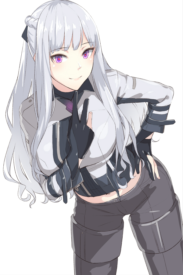 1girl ak-12_(girls_frontline) artificial_eye bangs bent_over black_gloves black_ribbon blush braid breasts commentary_request eyebrows_visible_through_hair girls_frontline gloves hair_ribbon kageshio_(276006) large_breasts long_hair mechanical_eye midriff partly_fingerless_gloves purple_eyes ribbon sidelocks silver_hair simple_background smile solo tactical_clothes white_background