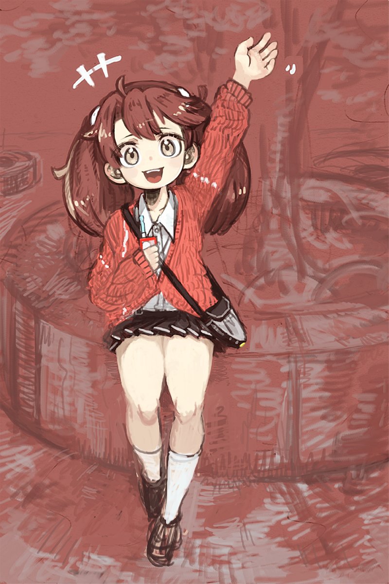 1girl brown_eyes brown_hair brown_skirt cellphone collared_shirt flat_chest fujinozu hair_tie highres holding holding_phone jacket kantai_collection long_hair looking_at_viewer phone ryuujou_(kantai_collection) shirt sitting skirt sleeves_past_wrists smartphone smile socks solo tree twintails very_long_sleeves waving white_legwear