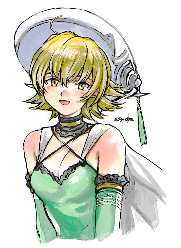 .hack// .hack//g.u. 1girl 203wolves :d ahoge atoli_(.hack//) bangs blonde_hair breasts cape cleavage collarbone criss-cross_halter cropped_torso detached_sleeves dress green_dress green_sleeves hair_between_eyes halterneck hat looking_at_viewer open_mouth shiny shiny_hair short_hair simple_background sleeveless sleeveless_dress smile solo upper_body white_background white_cape white_headwear yellow_eyes