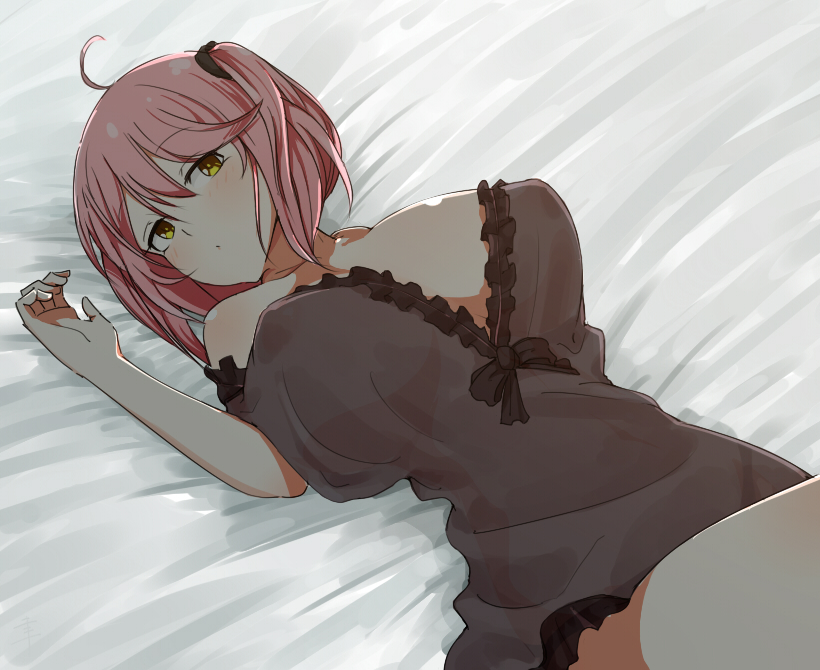 1girl ahoge areolae bangs blush breasts cleavage commentary_request eyebrows_visible_through_hair large_breasts looking_at_viewer lying nightgown no_bra no_panties on_back open_mouth philuffy_aingram pink_hair saijaku_muhai_no_bahamut senju_(snz0) sleepwear solo yellow_eyes