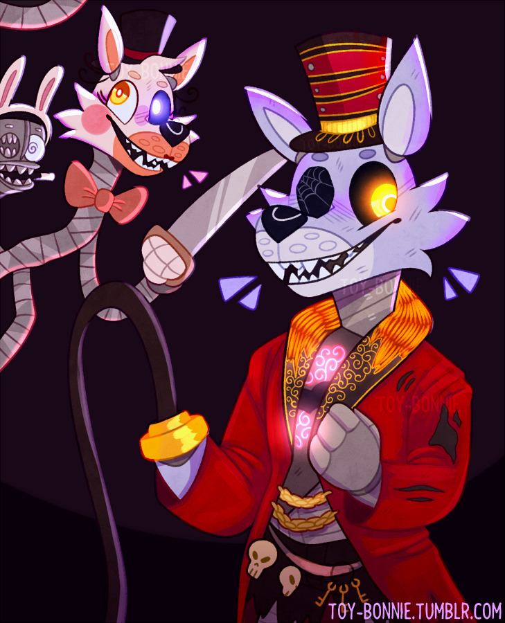 ambiguous_gender animatronic anthro black_sclera bone canid canine cape chain clothing duo eyebrows five_nights_at_freddy's five_nights_at_freddy's_2 fox foxy_(fnaf) glowing glowing_eyes glowing_markings grey_body halloween hat headgear headwear holidays key lipstick machine makeup male mammal mangle_(fnaf) markings melee_weapon pink_body pink_inner_ear pirate ribbons robot sharp_teeth signature skull sword teeth toy-bonnie video_games weapon whip white_body white_inner_ear