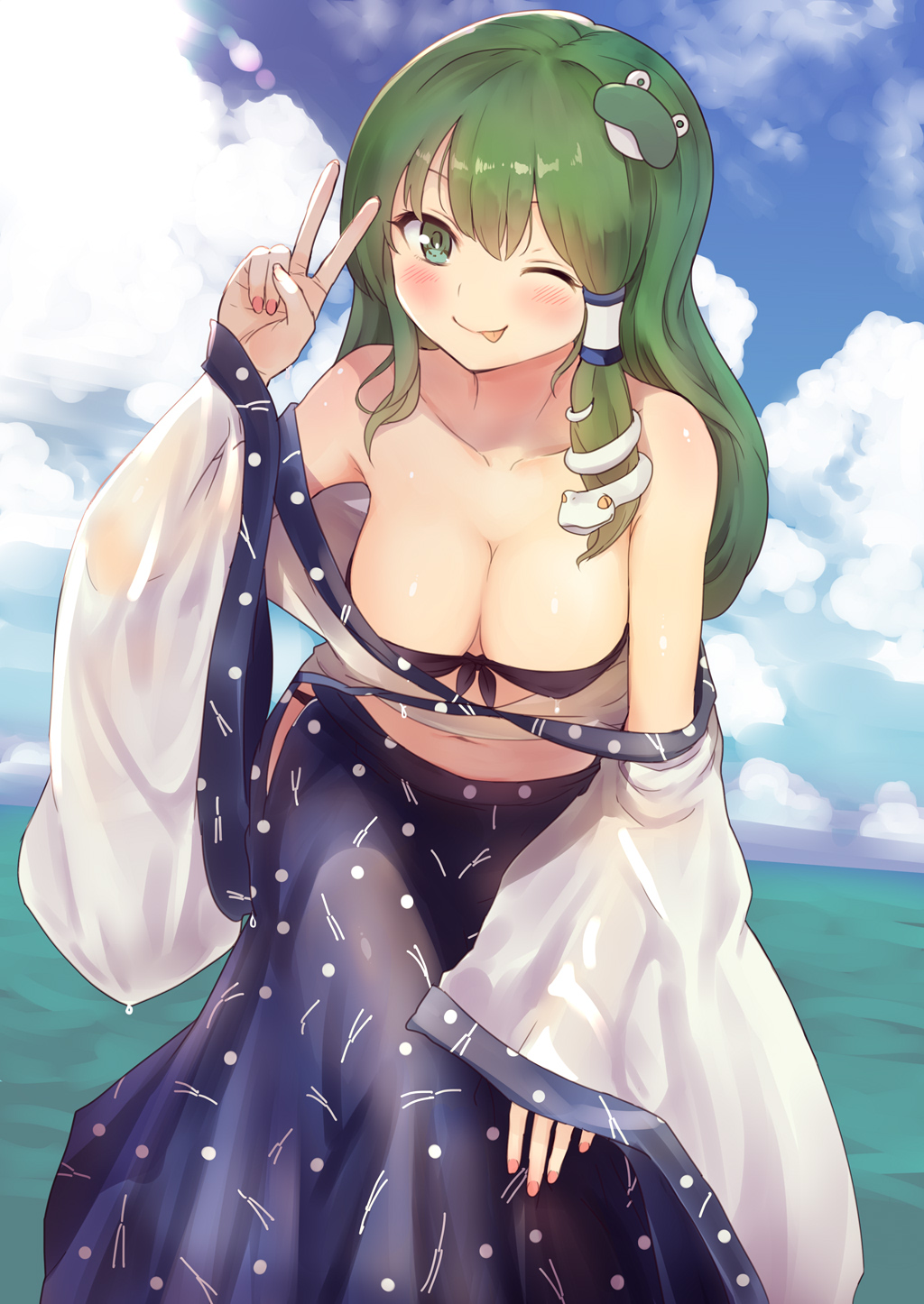 1girl ;p bare_shoulders blue_skirt blue_sky breasts cleavage cloud collarbone commentary_request culter day detached_sleeves frog_hair_ornament green_eyes green_hair hair_ornament hair_tubes highres kochiya_sanae leaning_forward long_hair looking_at_viewer medium_breasts one_eye_closed outdoors skirt sky smile snake_hair_ornament solo standing summer tongue tongue_out touhou v wet wet_clothes