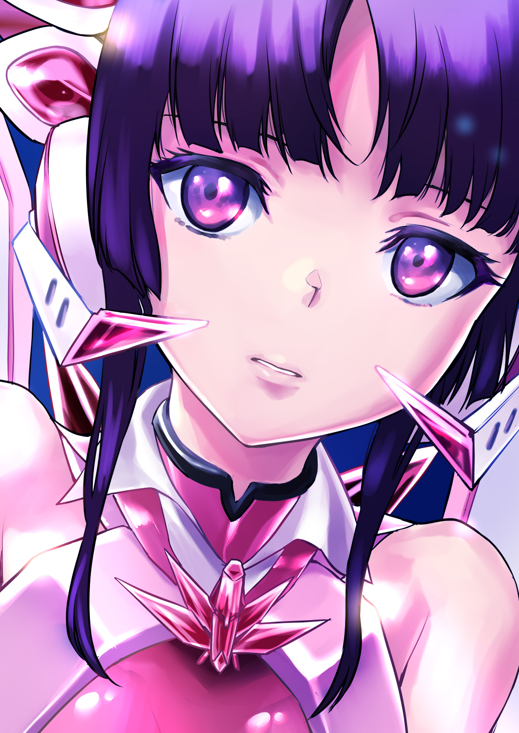 1000 1girl armor bangs black_hair close-up face highres lips looking_at_viewer open_mouth portrait purple_eyes senki_zesshou_symphogear simple_background solo tsukuyomi_shirabe