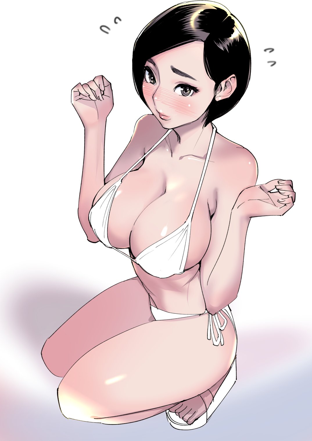 1girl bikini black_eyes blush breasts collarbone dytm flying_sweatdrops full_body hands_up highres large_breasts lips looking_at_viewer nose_blush original pink_lips sandals short_hair side-tie_bikini solo squatting strap_gap swimsuit white_bikini