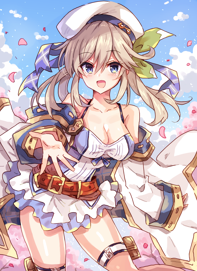 1girl bangs belt beret blonde_hair blue_eyes blue_sky breasts cleavage commentary_request cucouroux_(granblue_fantasy) detached_sleeves dress gold_trim granblue_fantasy hat hi_(pontolfo) jacket looking_at_viewer loose_belt overskirt petals skirt sky tree twintails