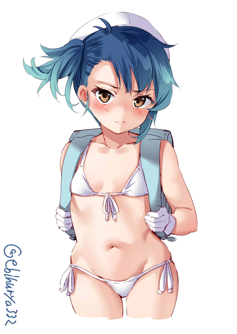 1girl backpack bag bikini blue_hair brown_eyes cowboy_shot ebifurya front-tie_bikini front-tie_top fukae_(kantai_collection) gradient_hair hat highres kantai_collection multicolored_hair navel randoseru sailor_hat school_bag short_hair side-tie_bikini side_ponytail sidelocks stomach swimsuit twitter_username white_background white_bikini