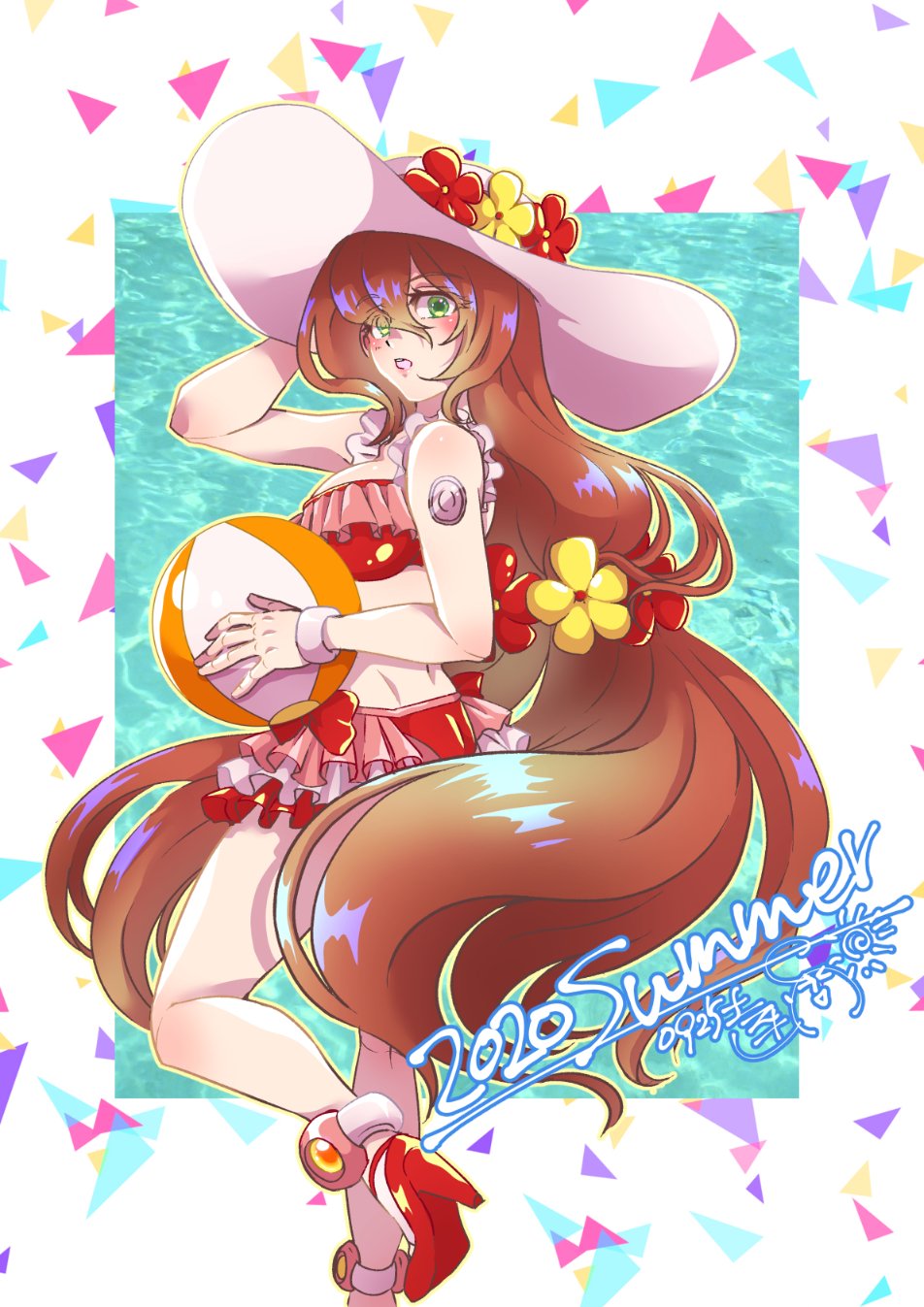 android ball beachball bikini blush breasts brown_hair dated english_commentary flower frilled_bikini frills green_eyes hair_flower hair_ornament hand_on_headwear hat hat_flower high_heels highres holding iris_(rockman_x) long_hair looking_at_viewer open_mouth red_bikini rockman rockman_x rockman_x_dive sekyrz solo sun_hat swimsuit very_long_hair