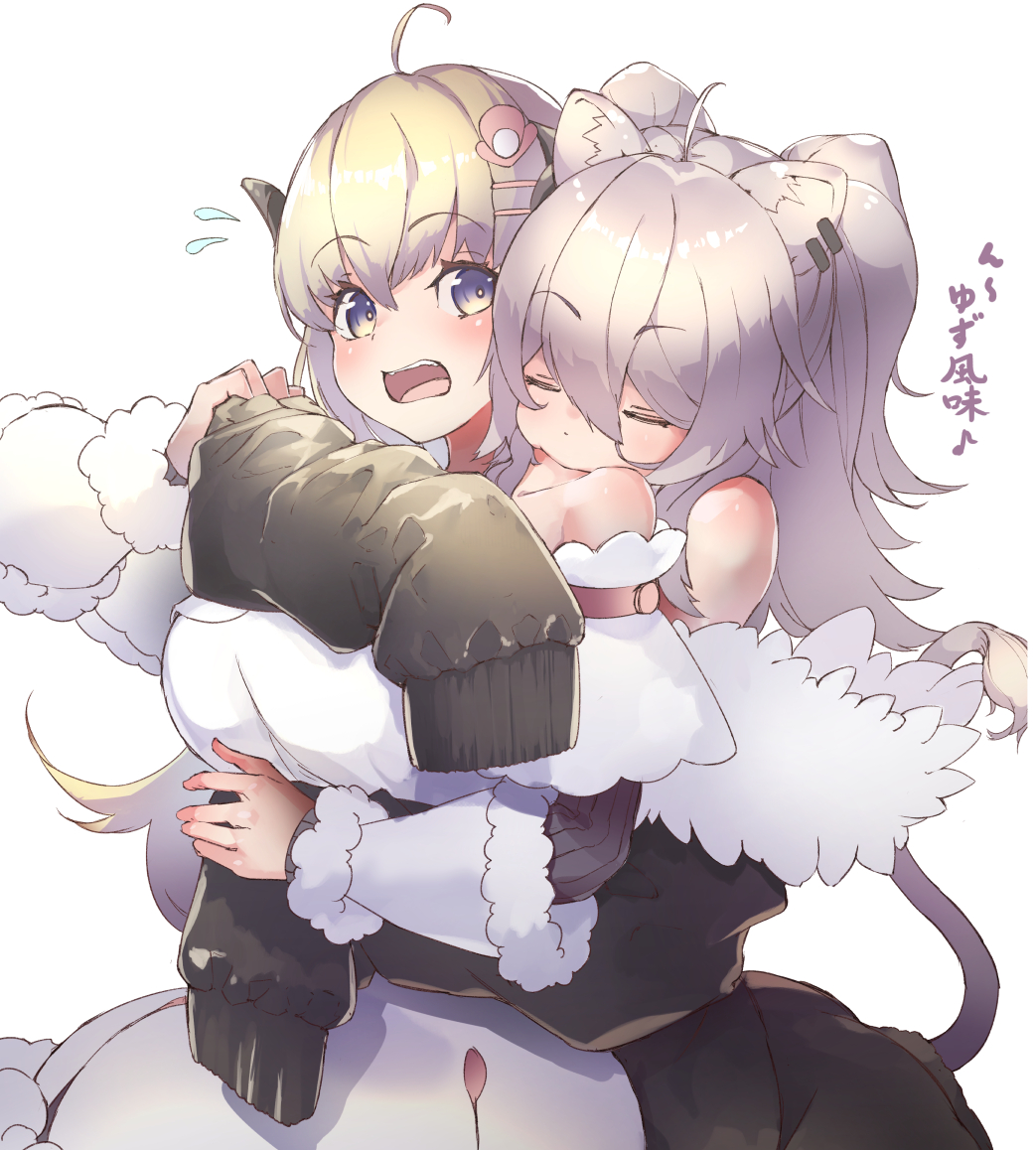 2girls ahoge animal_ears bangs bare_shoulders biting blonde_hair blush breasts closed_eyes detached_sleeves dress ear_clip eyebrows_visible_through_hair fur-trimmed_dress fur-trimmed_jacket fur_trim grey_hair hair_between_eyes hair_ornament hairclip hands_on_another's_arm hololive horns hug hug_from_behind jacket lion_ears lion_girl lion_tail long_hair looking_at_another looking_at_viewer looking_to_the_side moritatsu multiple_girls off-shoulder_jacket open_mouth purple_eyes sheep_girl sheep_horns shishiro_botan simple_background sleeves_past_fingers sleeves_past_wrists tail translation_request tsunomaki_watame upper_body virtual_youtuber white_background white_dress wool yuri