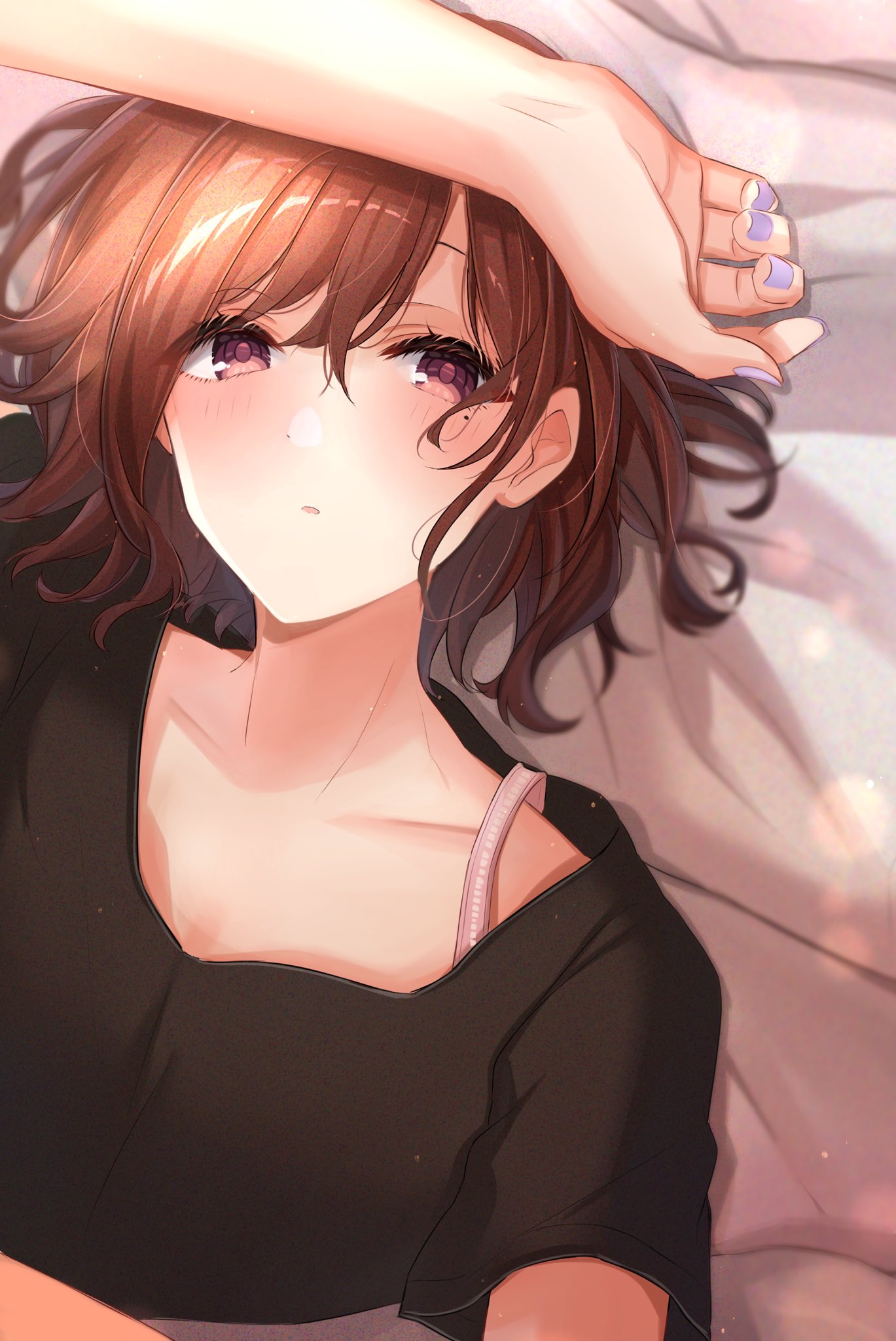 1girl arm_up bangs bed_sheet black_shirt blue_nails blush brown_eyes brown_hair collarbone commentary_request hair_ornament highres higuchi_madoka idolmaster idolmaster_shiny_colors looking_at_viewer lying mole mole_under_eye nail_polish on_back on_bed parted_lips satoimo_chika shirt short_hair short_sleeves solo under_covers upper_body