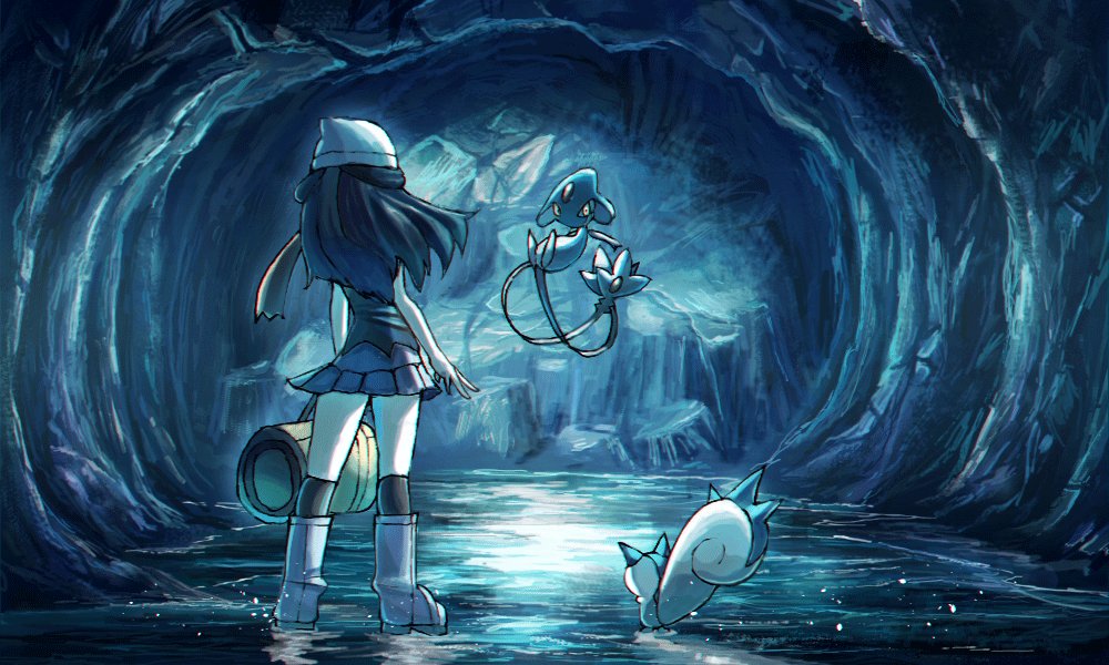 1girl arm_at_side azelf bag beanie boots cave_interior commentary_request dawn_(pokemon) duffel_bag floating floating_hair gen_4_pokemon hat legendary_pokemon pachirisu pokemon pokemon_(creature) pokemon_(game) pokemon_dppt rowdon scarf shiny socks standing white_headwear