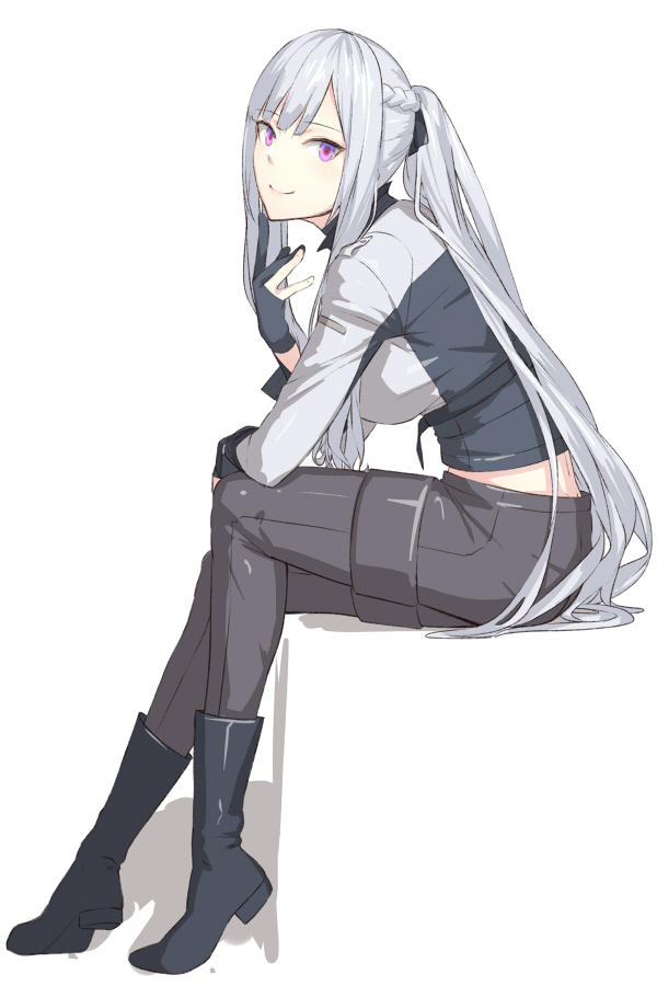 1girl ak-12_(girls_frontline) artificial_eye bangs black_ribbon boots braid breasts from_side girls_frontline gloves hair_ribbon invisible_chair kageshio_(276006) large_breasts lips long_hair mechanical_eye pants partly_fingerless_gloves ponytail purple_eyes ribbon sidelocks silver_hair sitting smile solo tactical_clothes