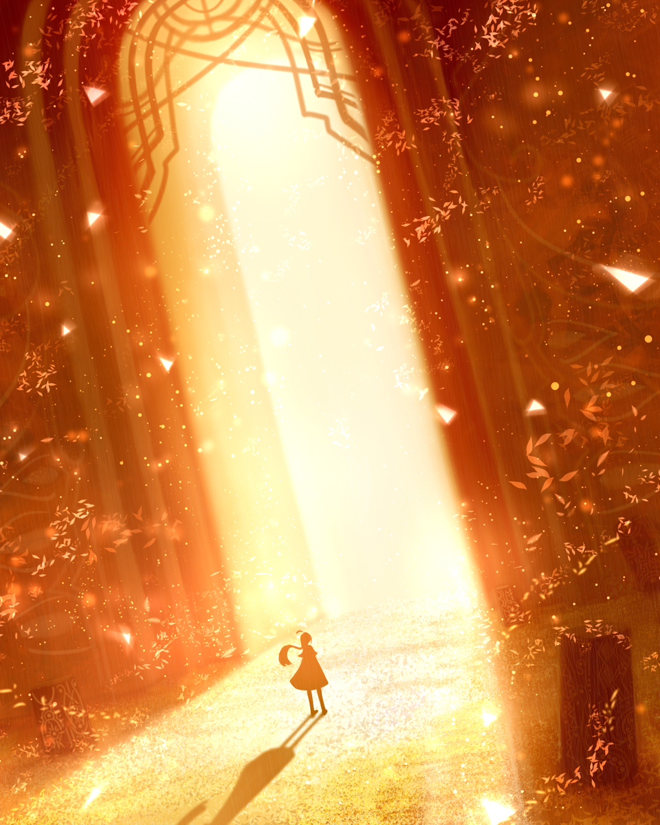 1girl ahoge capelet commentary dress fantasy gate highres light light_particles long_hair original ponytail sakimori_(hououbds) scenery shadow wind