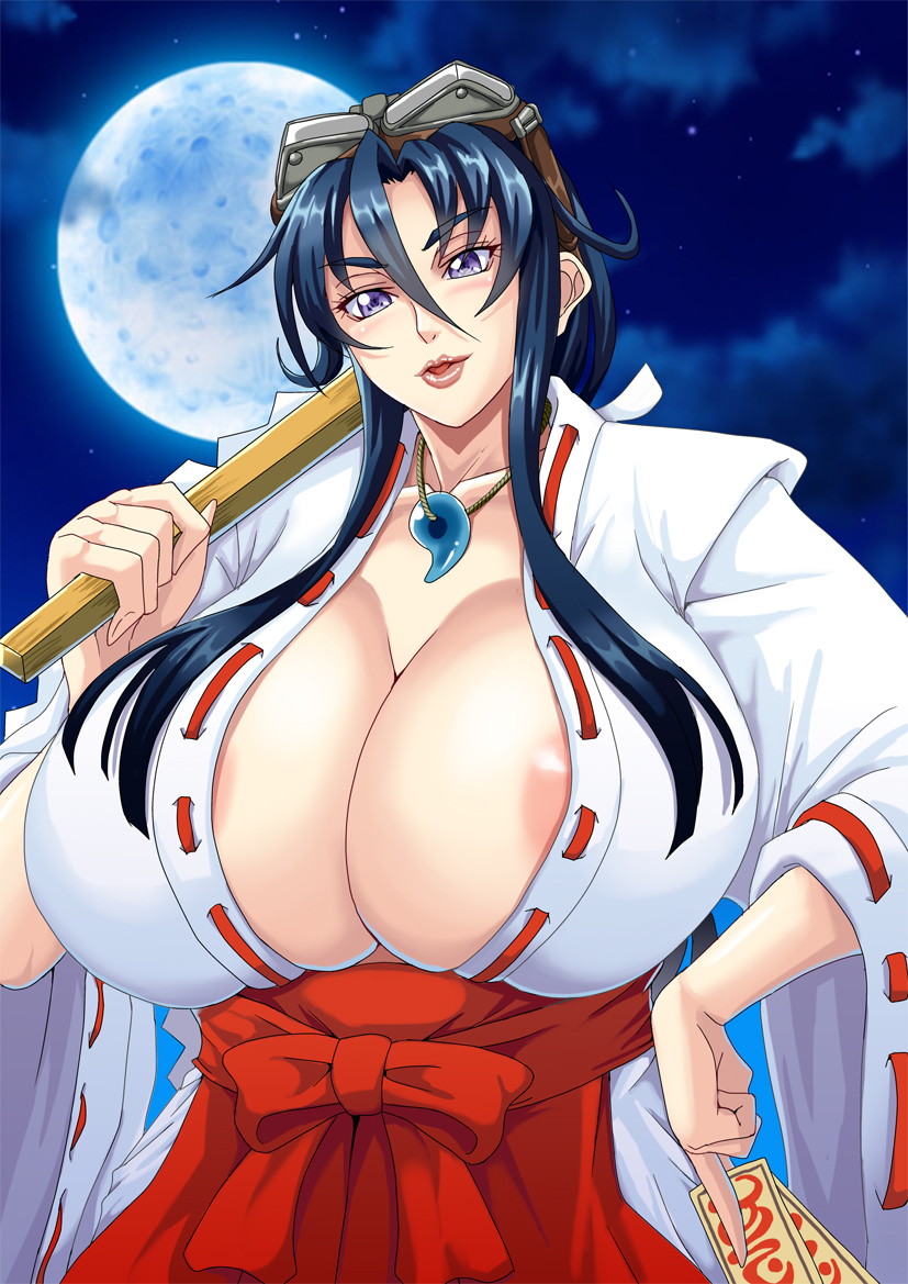 1girl black_hair breasts cleavage goggles goggles_on_head huge_breasts japanese_clothes koyori lips long_hair looking_at_viewer looking_down magatama mifune_seijirou miko parted_lips purple_eyes sengoku_ace solo