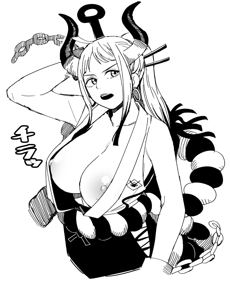 1girl arm_at_side arm_behind_head arm_up bare_arms bare_shoulders breasts chain club commentary_request cropped_arms cropped_torso cuffs earrings greyscale holding holding_weapon horns huge_breasts japanese_clothes jewelry kanabou kataginu long_hair looking_at_viewer monochrome multicolored_horns nipple_slip nipples no_bra one_piece oni open_mouth rope shackles shimenawa solo tesu weapon weapon_on_back yamato_(one_piece)