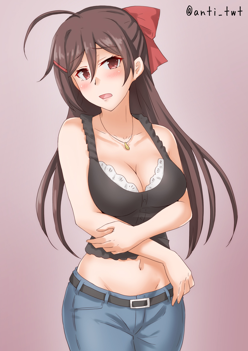1girl anti_(untea9) belt black_belt black_tank_top blue_pants brown_hair casual commentary_request cowboy_shot crop_top denim gradient gradient_background groin hair_ornament hair_ribbon hairclip half_updo highres jeans kantai_collection long_hair looking_to_the_side mamiya_(kantai_collection) midriff pants purple_background red_eyes red_ribbon ribbon solo standing tank_top