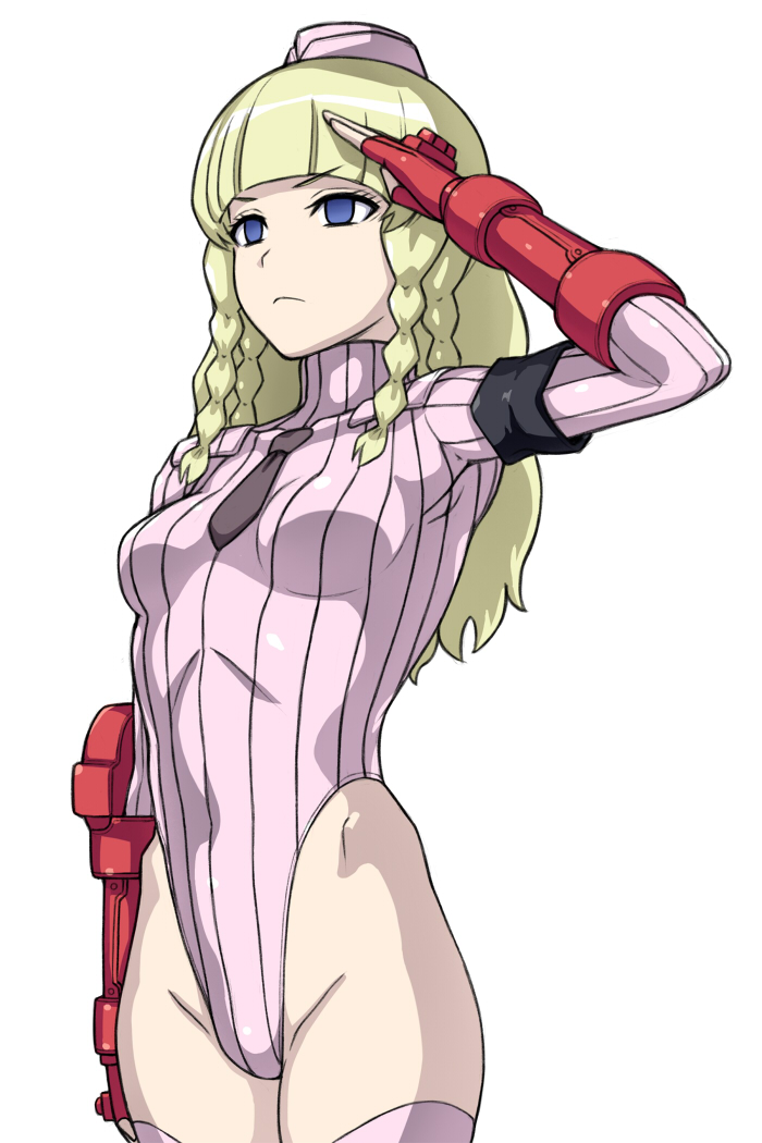 1girl bangs black_neckwear blonde_hair blue_eyes blunt_bangs bodypaint cammy_white cammy_white_(cosplay) corruption cosplay cowboy_shot dark_persona empty_eyes fingerless_gloves garrison_cap gloves hai_(h81908190) hat highleg highleg_leotard leotard long_hair necktie pink_headwear pink_leotard red_gloves ribbed_leotard salute shadaloo_dolls shirley_fennes simple_background solo standing street_fighter street_fighter_zero_(series) tales_of_(series) tales_of_legendia turtleneck_leotard white_background