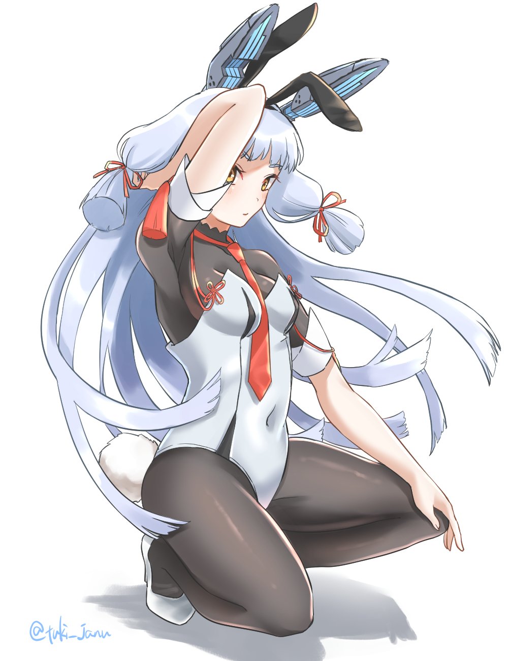 1girl adapted_costume animal_ears black_bodysuit bodystocking bodysuit bunny_ears bunny_tail bunnysuit commentary_request covered_navel hair_ribbon headgear high_heels highres kantai_collection leotard long_hair murakumo_(kantai_collection) necktie orange_eyes red_neckwear remodel_(kantai_collection) ribbon short_eyebrows sidelocks silver_hair simple_background solo strapless strapless_leotard tail tress_ribbon tsukimura_(d24f4z8j3t) white_background white_footwear white_leotard