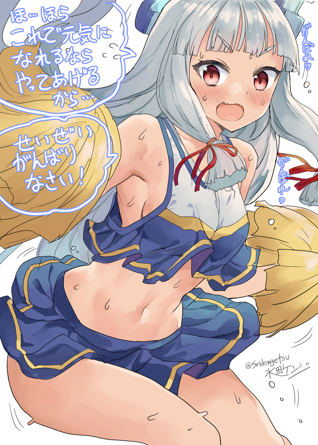 1girl alternate_costume bangs blue_skirt blunt_bangs blush breasts cheerleader crop_top hair_ribbon headgear highres kantai_collection long_hair medium_breasts midriff mizuta_kenji murakumo_(kantai_collection) navel open_mouth pom_poms red_eyes ribbon sideboob signature silver_hair simple_background skirt sleeveless solo sweat sweating_profusely translation_request tress_ribbon twitter_username white_background