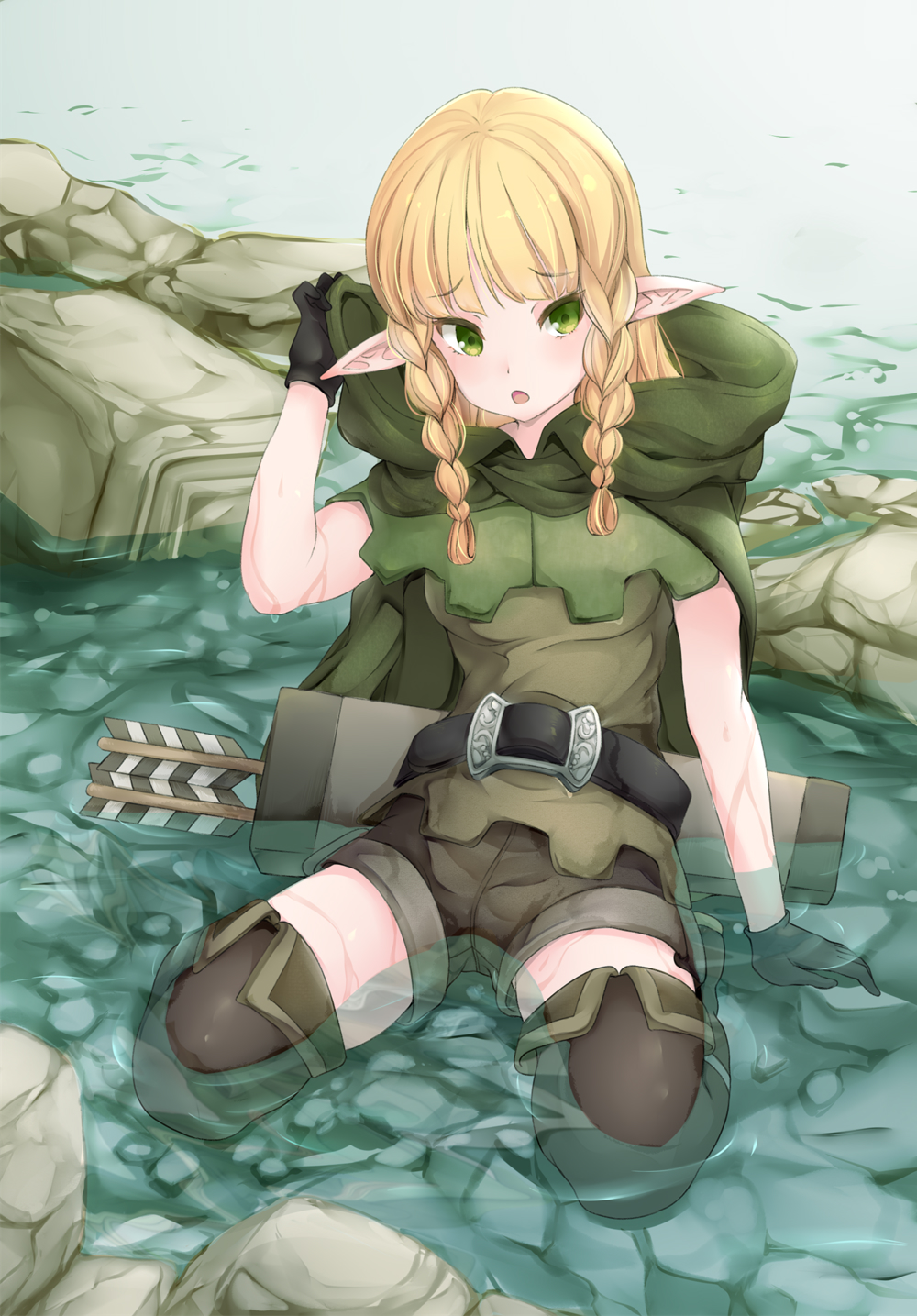 1girl belt blonde_hair boots braid cloak commentary dragon's_crown elf elf_(dragon's_crown) gloves green_eyes highres hood hood_down long_hair nana-ine partially_submerged pointy_ears quiver short_shorts shorts sitting solo thigh_boots thighhighs twin_braids wariza water wet wet_clothes