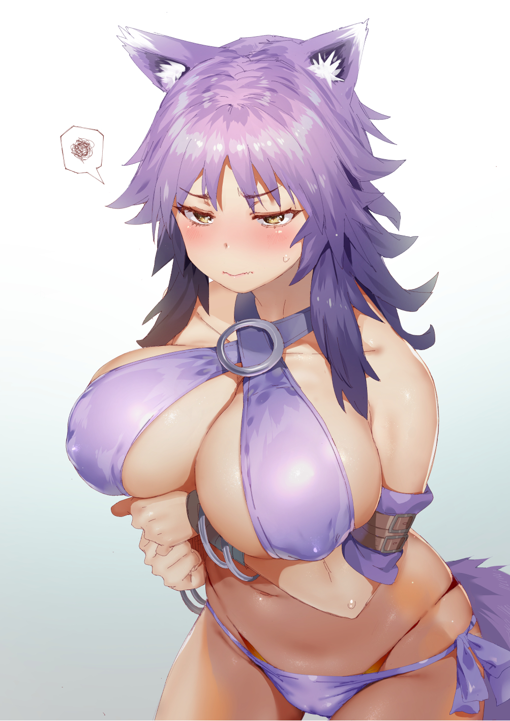 1girl animal_ears bikini bracelet breasts covered_nipples gradient gradient_background grey_background highres jewelry karochii large_breasts long_hair makoto_(princess_connect!) navel princess_connect! princess_connect!_re:dive purple_bikini purple_hair side-tie_bikini solo spoken_squiggle squiggle swimsuit tail wolf_ears wolf_girl wolf_tail yellow_eyes