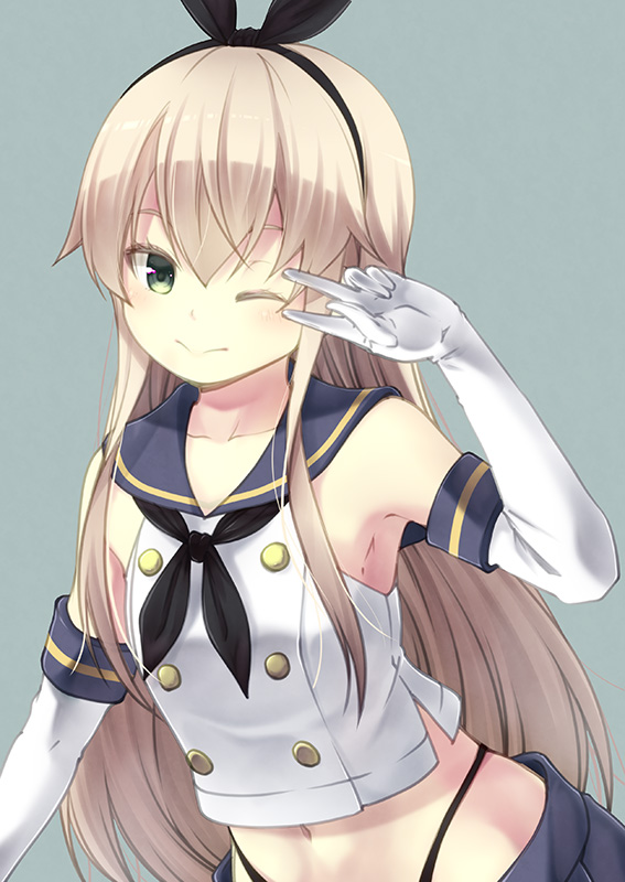 1girl black_neckwear black_panties blonde_hair blue_sailor_collar blue_skirt blush closed_mouth collarbone crop_top elbow_gloves gloves green_eyes grey_background hair_between_eyes highleg highleg_panties kantai_collection kouji_(campus_life) long_hair miniskirt navel neckerchief one_eye_closed panties pleated_skirt sailor_collar school_uniform serafuku shimakaze_(kantai_collection) simple_background skirt sleeveless smile solo underwear v white_gloves