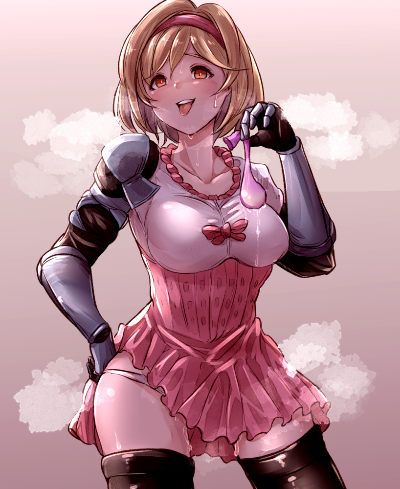 1girl bangs black_legwear blonde_hair breasts collarbone condom cowboy_shot djeeta_(granblue_fantasy) dress gauntlets gradient gradient_background granblue_fantasy hair_between_eyes hairband hand_on_hip hand_up holding holding_condom legs_apart naughty_face open_mouth panties pink_dress pink_hairband pink_pupils pussy_juice raised_eyebrow short_hair smile solo souji@gaakura-chu standing steaming_body sweat thighhighs thighs tongue tongue_out underwear upper_teeth used_condom white_panties