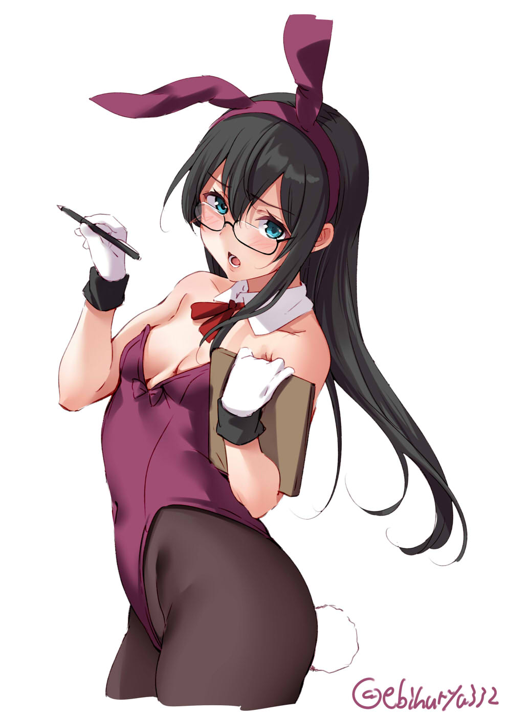 1girl alternate_costume animal_ears black_hair blush breasts brown_legwear bunny_ears bunny_tail bunnysuit clipboard commentary_request covered_navel cowboy_shot cropped_legs detached_collar ebifurya fake_animal_ears glasses gloves hairband highres holding holding_pen kantai_collection leotard long_hair looking_at_viewer ooyodo_(kantai_collection) open_mouth pantyhose pen semi-rimless_eyewear simple_background small_breasts solo strapless strapless_leotard tail twitter_username under-rim_eyewear white_background wrist_cuffs