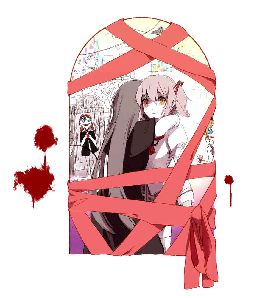 2girls akemi_homura apple arm_at_side arms_around_neck beige_background black_capelet black_dress black_hair blonde_hair blood blood_splatter blood_trail blue_eyes blush_stickers brown_hair building capelet city clara_dolls_(madoka_magica) closed_mouth colorful crying crying_with_eyes_open dress eyebrows_visible_through_hair facing_away facing_viewer familiar_(madoka_magica) food from_behind from_outside fruit funeral_dress gradient gradient_background hair_ribbon hanyae heterochromia holding holding_food holding_fruit homulilly hug indoors juliet_sleeves kaname_madoka long_hair long_sleeves looking_afar mahou_shoujo_madoka_magica mahou_shoujo_madoka_magica_movie mitakihara_school_uniform multiple_girls pale_skin pink_background pink_eyes pink_hair pink_ribbon puffy_sleeves purple_background red_ribbon ribbon sad school_uniform shaded_face simple_background spiral_eyes straight_hair tears thighhighs twintails uniform white_background white_legwear white_skin wide-eyed window wrapped_up yellow_eyes