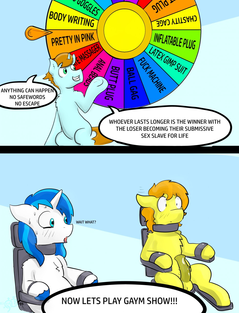 2018 ? anatomically_correct anatomically_correct_genitalia anatomically_correct_penis animal_genitalia animal_penis balls bdsm blue_background blue_eyes blue_hair blush bodily_fluids bondage bound braeburn_(mlp) chair chair_bondage comic confusion dialogue equid equine equine_penis erection fan_character featureless_crotch feral friendship_is_magic fur furniture game_show genitals green_body green_eyes green_fur group hair hi_res horn horse killian_joy male male/male mammal mane medial_ring my_little_pony orange_hair penis pony questionable_consent semi-anthro shining_armor_(mlp) simple_background sitting_in_chair smile speech_bubble sweat text unicorn unicorn_horn wheel white_body white_fur yellow_body yellow_fur