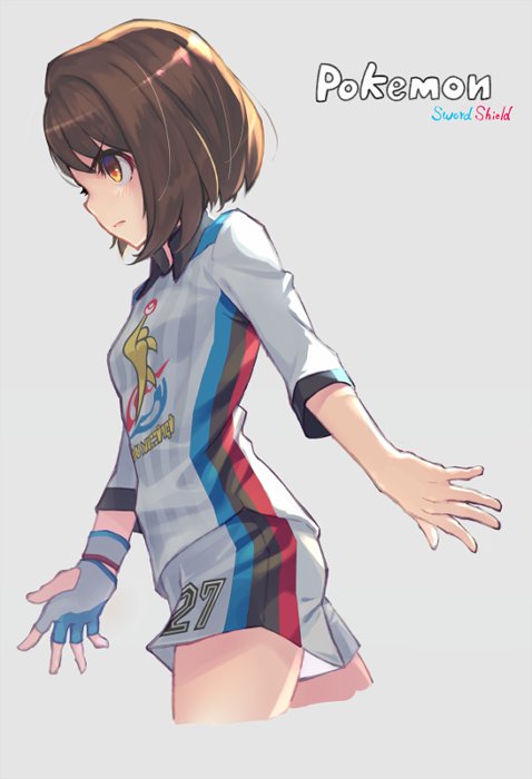 1girl bangs brown_eyes brown_hair closed_mouth collared_shirt commentary_request copyright_name dynamax_band fumi_t204 gloria_(pokemon) gloves grey_background number partly_fingerless_gloves pokemon pokemon_(game) pokemon_swsh shirt short_hair shorts single_glove sleeves_past_elbows solo