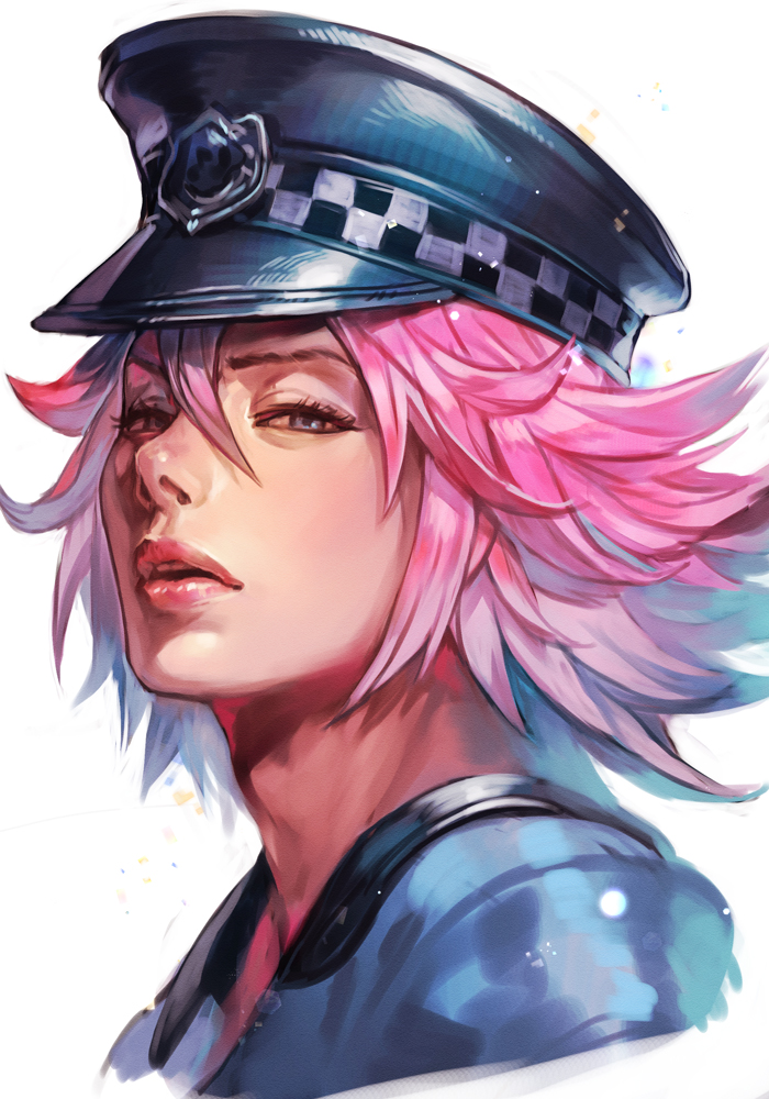 1girl alternate_costume aqua_eyes blue_shirt cropped_torso eyelashes face final_fight hankuri hat lips lipstick long_hair looking_at_viewer makeup open_mouth peaked_cap pink_hair poison_(final_fight) police police_badge police_hat police_uniform policewoman shirt solo spiked_hair street_fighter street_fighter_v uniform upper_teeth white_background