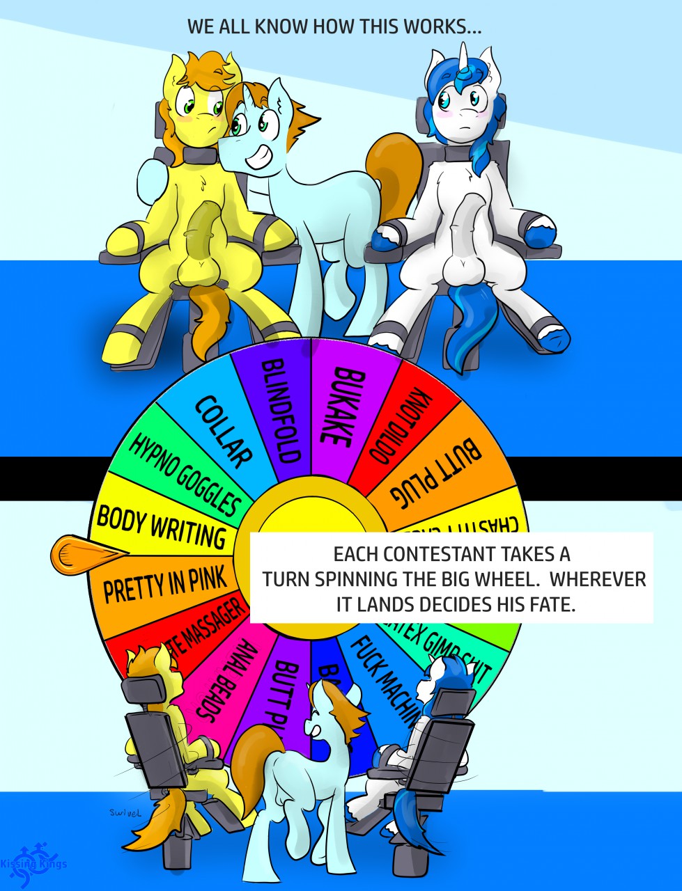 2018 animal_genitalia animal_penis arm_around_shoulders backsack balls bdsm blue_background blue_eyes blue_hair blush bondage bound braeburn_(mlp) chair chair_bondage colored comic english_text equid equine equine_penis fan_character featureless_crotch feral friendship_is_magic fur furniture genitals green_body green_eyes green_fur group hair half-erect hasbro hi_res horn horse horse_tail killian_joy male male/male mammal my_little_pony orange_hair penis pony semi-anthro shining_armor_(mlp) simple_background smile spinning swivel_chair text unicorn unicorn_horn wheel white_body white_fur yellow_body yellow_fur