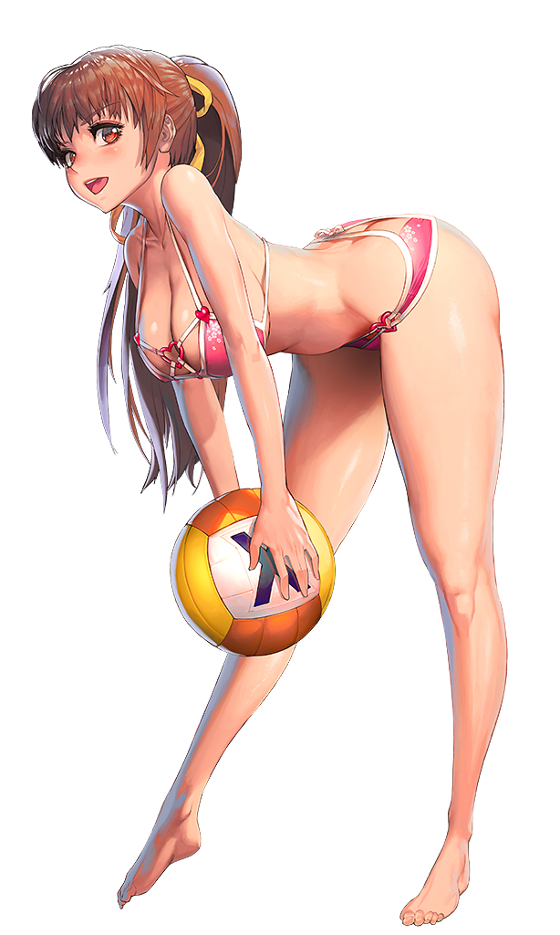 1girl ball bangs barefoot bent_over bikini blush breasts brown_hair cleavage dead_or_alive destiny_child holding holding_ball kasumi_(doa) kim_hyung_tae large_breasts long_hair official_art open_mouth pink_bikini ponytail shiny shiny_hair shiny_skin solo swimsuit transparent_background volleyball