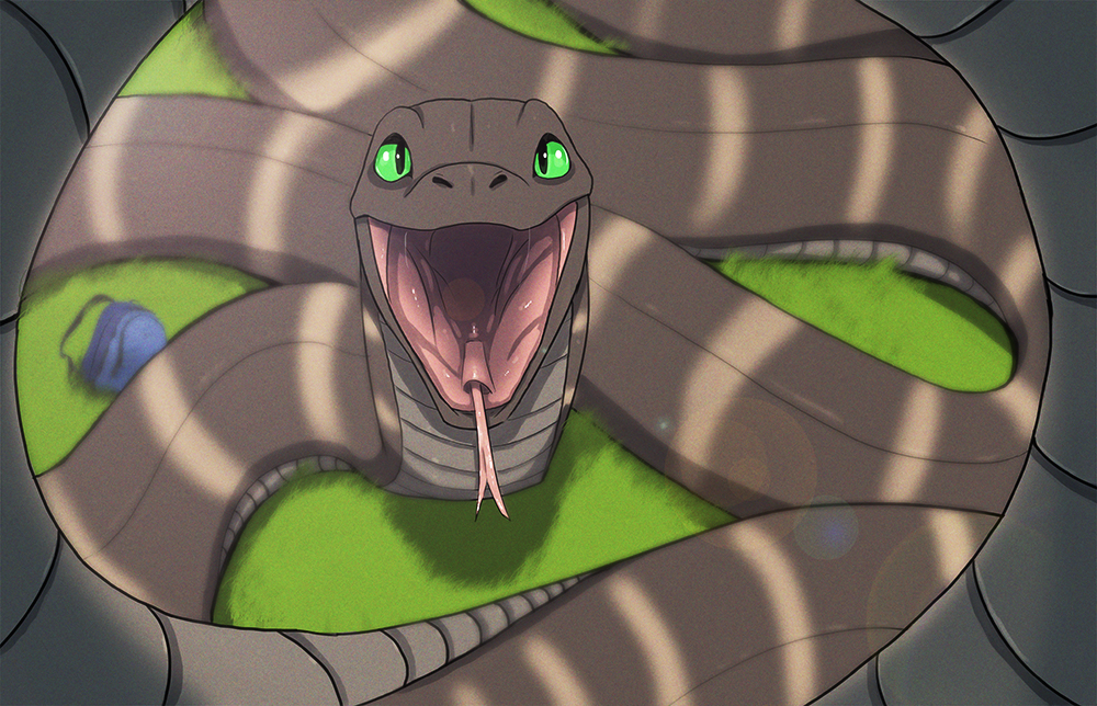 ambiguous_gender backpack coiling feral first_person_view grass green_eyes grey_body grey_scales imminent_vore looking_at_viewer looking_up open_mouth outside reptile scales scalie snake solo tongue tongue_out tongue_sheath vore vorelord