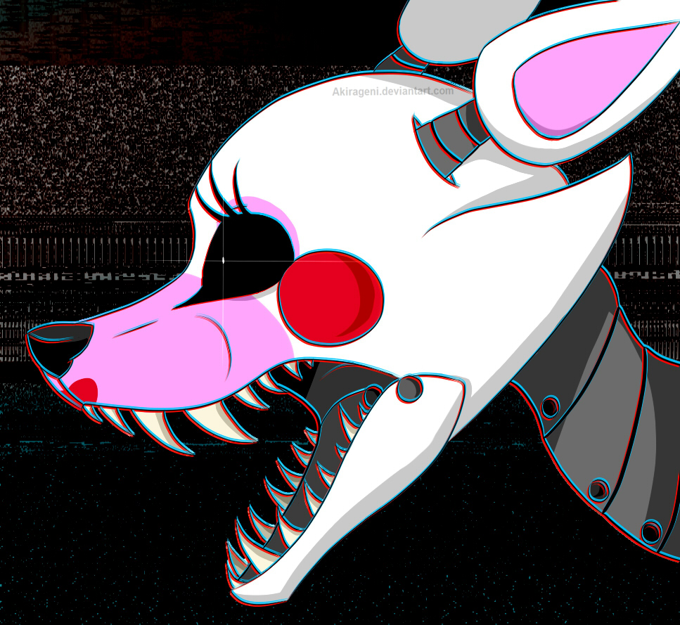 2015 akirageni ambiguous_gender animatronic black_nose black_sclera canid canine eyelashes five_nights_at_freddy's five_nights_at_freddy's_2 fox grey_body lipstick machine makeup mammal mangle_(fnaf) metal open_mouth pink_body red_cheeks robot sharp_teeth solo teeth video_games white_body