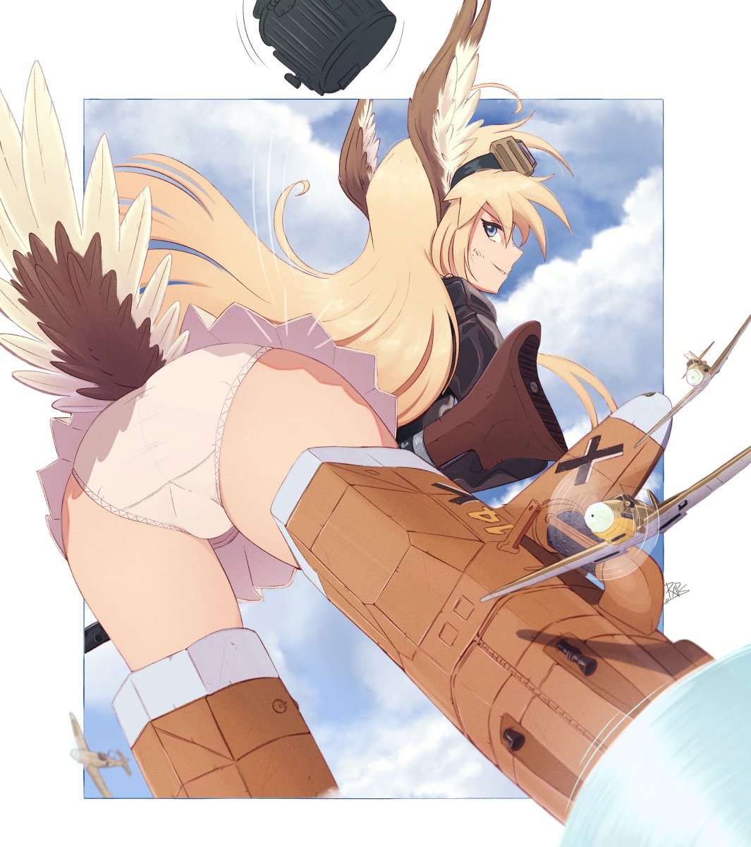 1girl ass bf_109 blonde_hair blue_eyes blue_sky border cloud drum_magazine goggles goggles_on_head hanna-justina_marseille headwear_removed highres long_hair looking_at_viewer outside_border panties sky smile solo striker_unit tail_feathers thighs underwear white_border white_panties world_witches_series yohomeboyraps