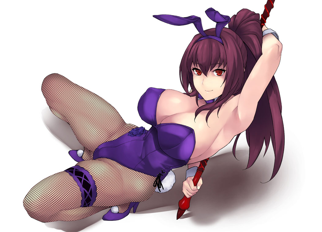 1girl animal_ears arm_behind_back arm_up armpits bangs breasts bunny_ears bunny_tail bunnysuit cleavage detached_collar fake_animal_ears fate/grand_order fate_(series) fishnet_legwear fishnets gae_bolg hair_between_eyes high_heels highleg highleg_leotard large_breasts leaning_back leotard long_hair looking_at_viewer pantyhose piercing_bunny polearm ponytail purple_hair purple_leotard red_eyes scathach_(fate)_(all) scathach_(fate/grand_order) simple_background smile soba_(saz) spear tail thighs weapon white_background wrist_cuffs