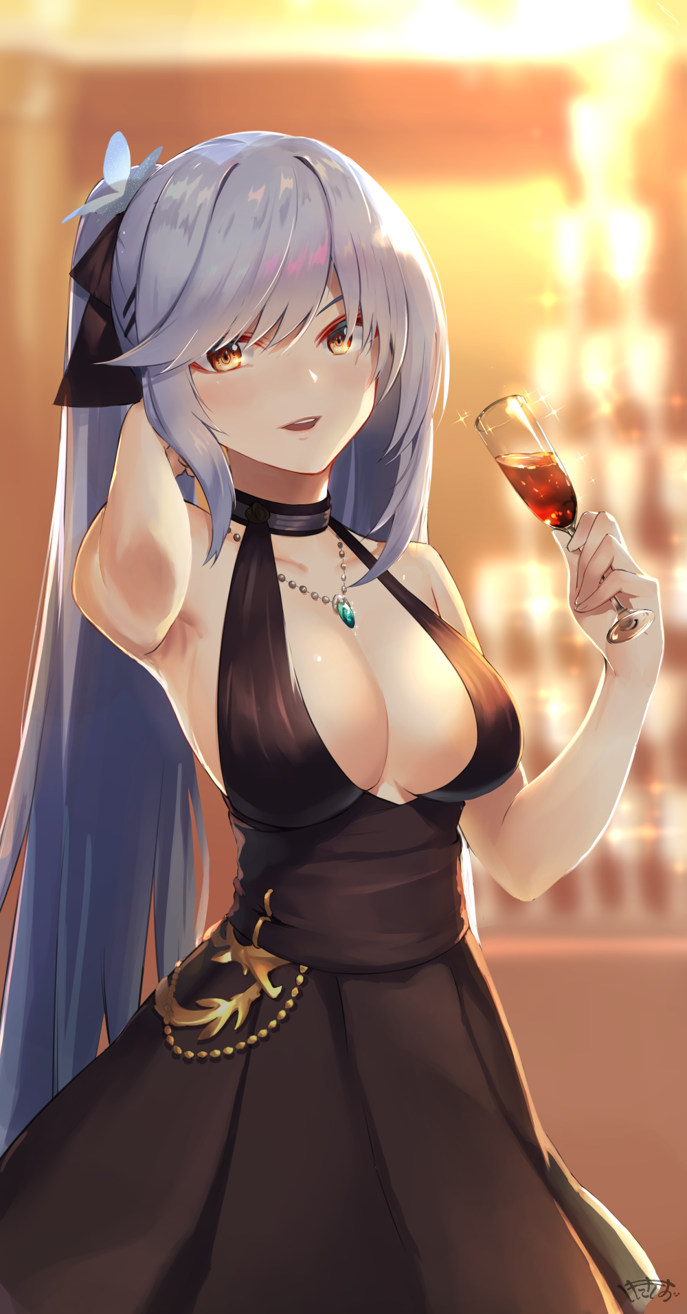 1girl azur_lane bangs bare_shoulders blush bow breasts cleavage collarbone cup drinking_glass essex_(azur_lane) essex_(craft_fairytail)_(azur_lane) flower hair_bow hair_flower hair_ornament halter_dress highres jewelry large_breasts long_hair necklace open_mouth pendant shimozuki_shio silver_hair smile sparkle swept_bangs twintails yellow_eyes