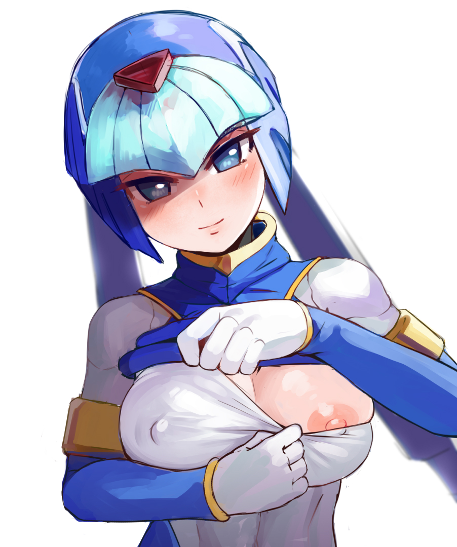 1girl alternate_breast_size android blue_eyes blush breasts covered_nipples facing_viewer head_tilt helmet karaza_(kurobutimegane) large_breasts leviathan_(rockman) looking_at_viewer nipple_slip nipples rockman rockman_zero shirt_lift simple_background smile solo undressing white_background