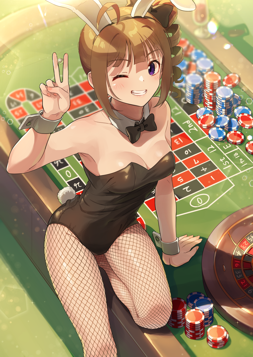 1girl ;d ahoge animal_ears arm_support arm_up ball bangs bare_arms bare_shoulders black_bow black_hairband black_leotard black_neckwear blunt_bangs blurry blurry_background blush bow bowtie breasts brown_hair bunny_ears bunny_girl bunny_tail bunnysuit casino cleavage collarbone commentary_request covered_navel cup depth_of_field detached_collar drill_hair drinking_glass eyebrows_visible_through_hair fake_animal_ears fake_tail feet_out_of_frame fingernails fishnet_legwear fishnets folded_leg from_above grin hair_bow hairband hand_on_table highres holding holding_ball idolmaster idolmaster_million_live! indoors kamille_(vcx68) leg_up lens_flare leotard looking_at_viewer looking_up medium_breasts nail_polish on_table one_eye_closed open_mouth pantyhose pink_nails poker_chip purple_eyes roulette roulette_table shadow shiny shiny_hair short_hair side_ponytail sidelocks smile solo sparkle standing standing_on_one_leg strapless strapless_leotard table tail v wrist_cuffs yokoyama_nao