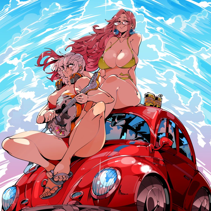 2girls banjo bikini breasts brown_eyes can commission floating_hair glasses green_bikini headphones headphones_around_neck holding holding_instrument instrument kafun large_breasts long_hair looking_down looking_to_the_side multiple_girls orange_swimsuit original sandals swimsuit very_long_hair volkswagen volkswagen_beetle white_hair yellow_eyes