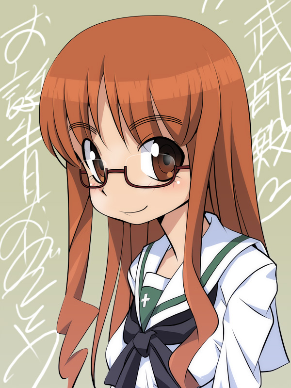 1girl bangs black_neckwear blouse blunt_bangs brown_background closed_mouth commentary girls_und_panzer glasses gofu happy_birthday heart long_hair long_sleeves looking_at_viewer neckerchief ooarai_school_uniform orange_eyes orange_hair red-framed_eyewear sailor_collar school_uniform semi-rimless_eyewear serafuku smile solo takebe_saori under-rim_eyewear upper_body white_blouse white_sailor_collar